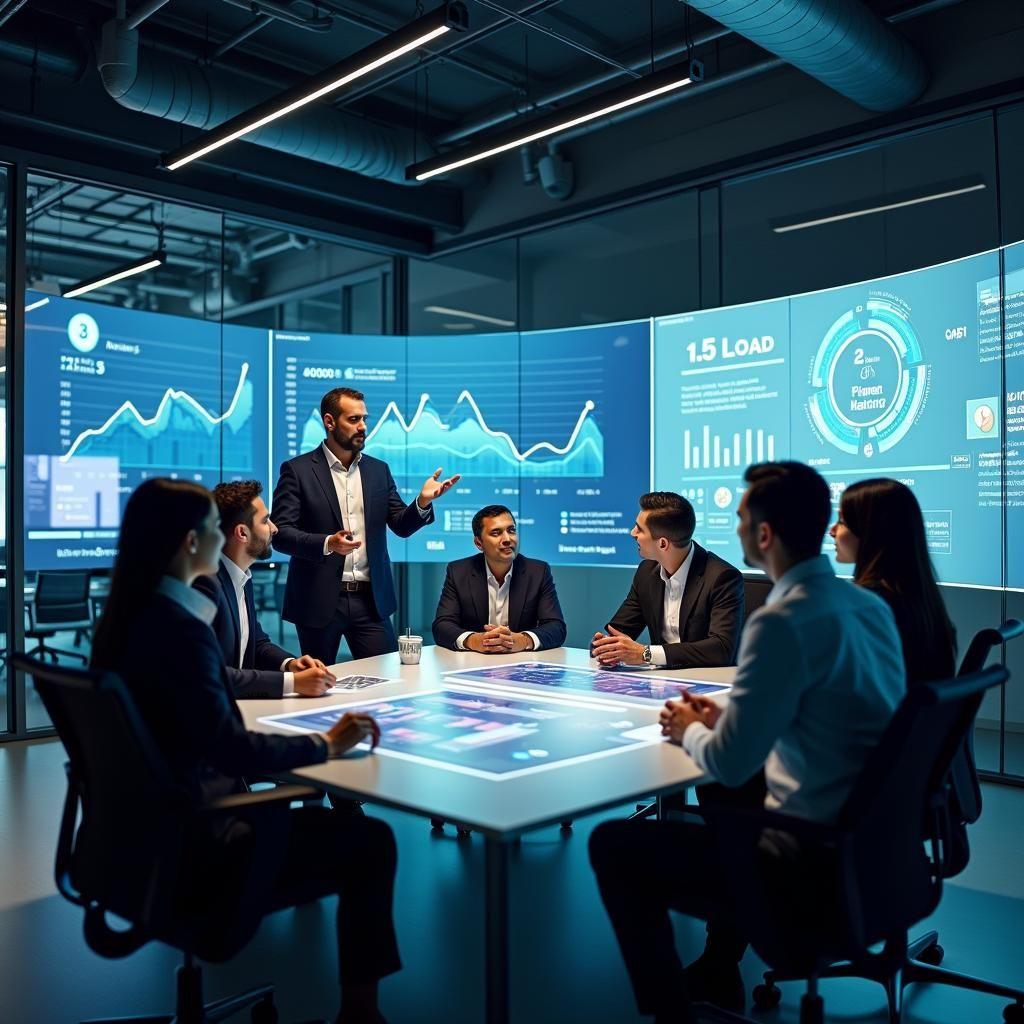 Team reviewing live analytics dashboards on large screens